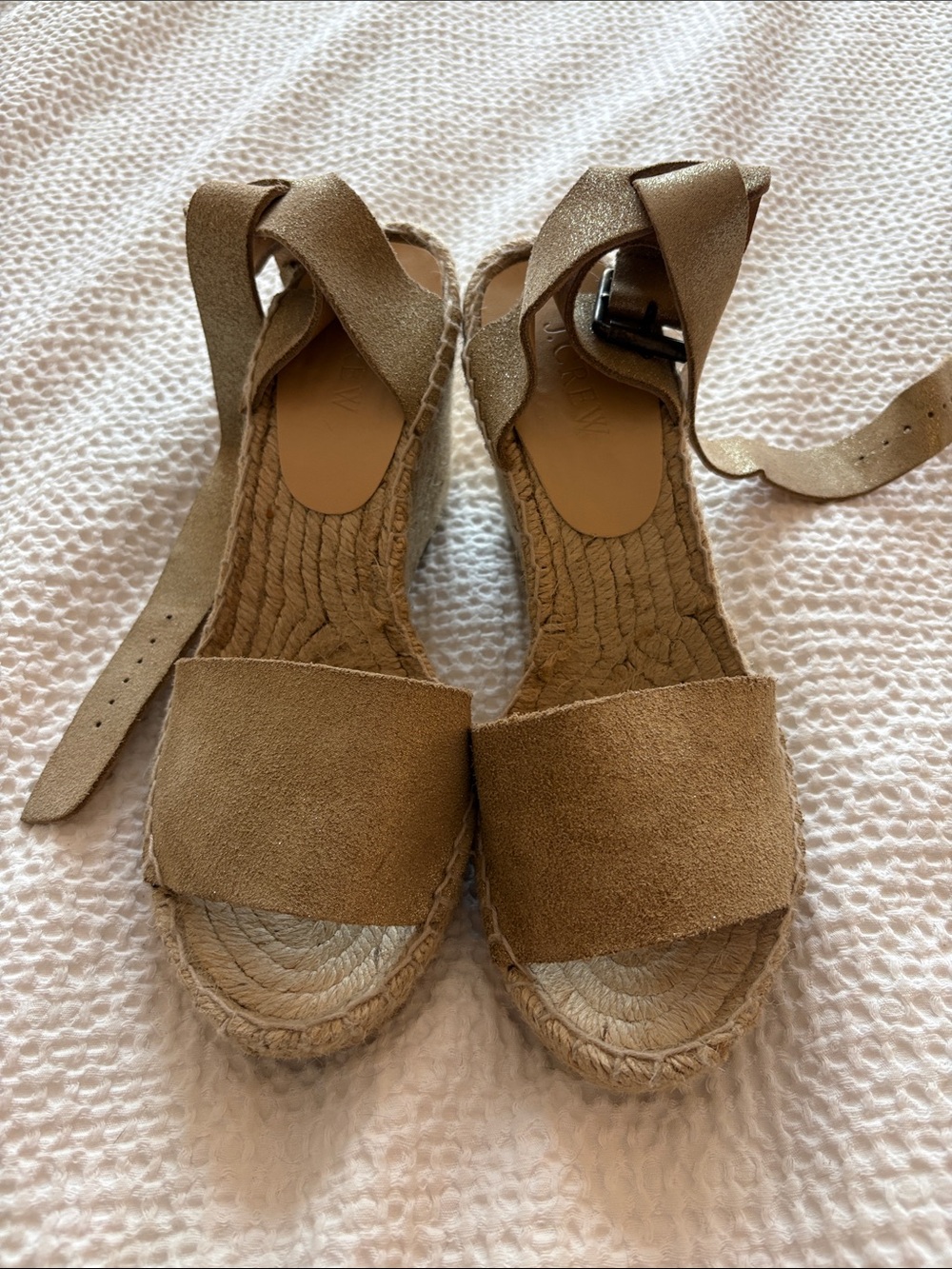 J. Crew Suede Tan Espadrille Wedge Sandals with Ankle Wrap
